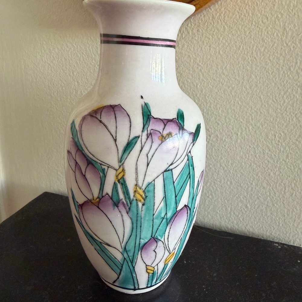 White Floral Ceramic Vase with Purple Accents - Made in China stamp
